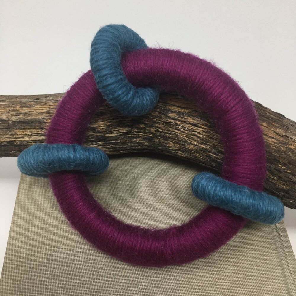 Handmade Eggplant Purple Blue Wool Cotton Wrapped Multi Wood Ring Bracelet